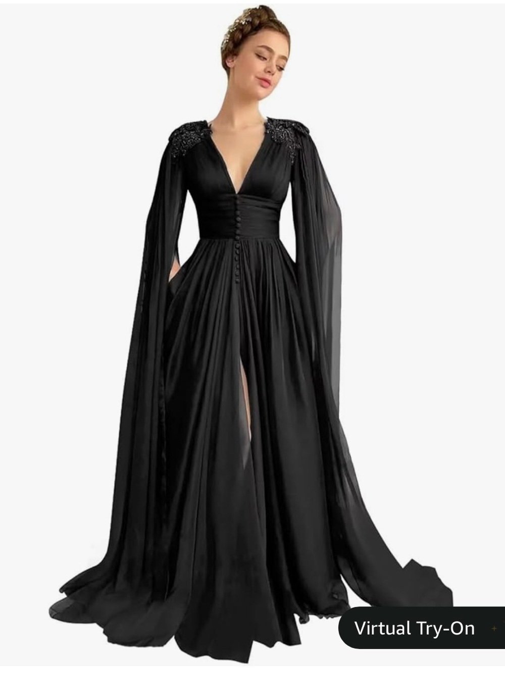 Black V-Neck Cape Evening Gown